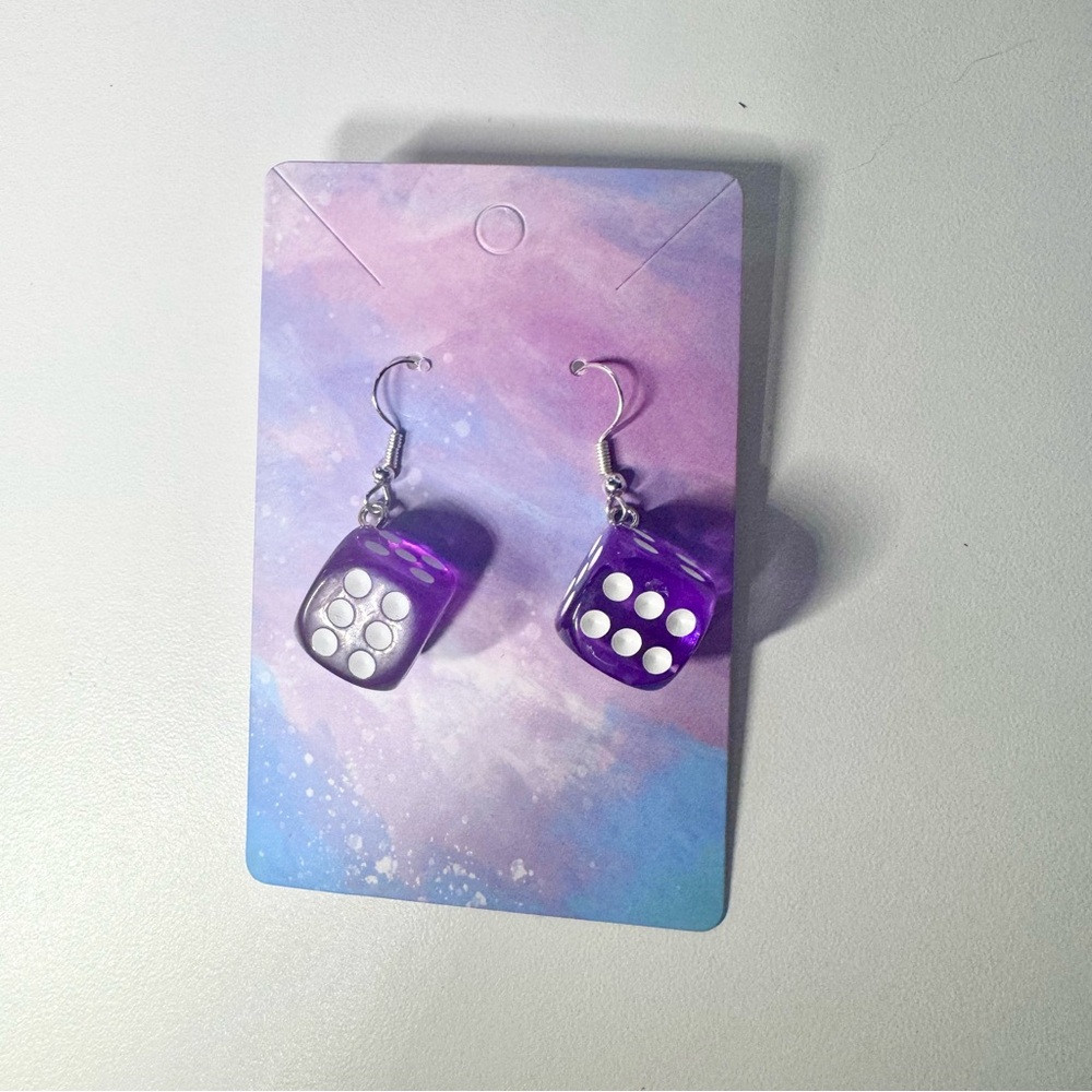 Purple acrylic dice stainless steel hooks dangle earrings